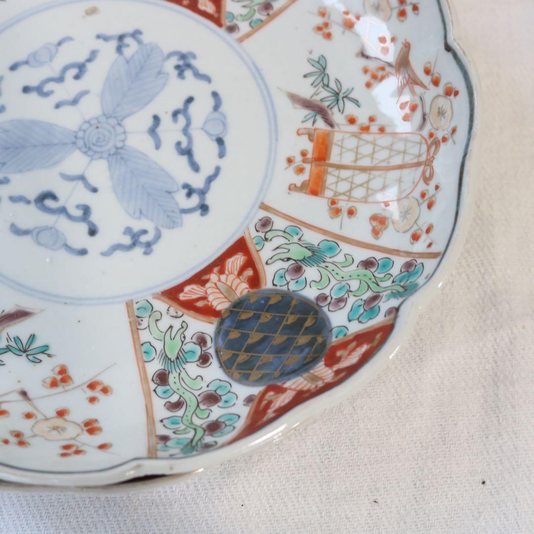 時代色絵伊万里　さわやかな赤絵に梅と鶯鳥籠図七寸皿プレート2枚 骨董