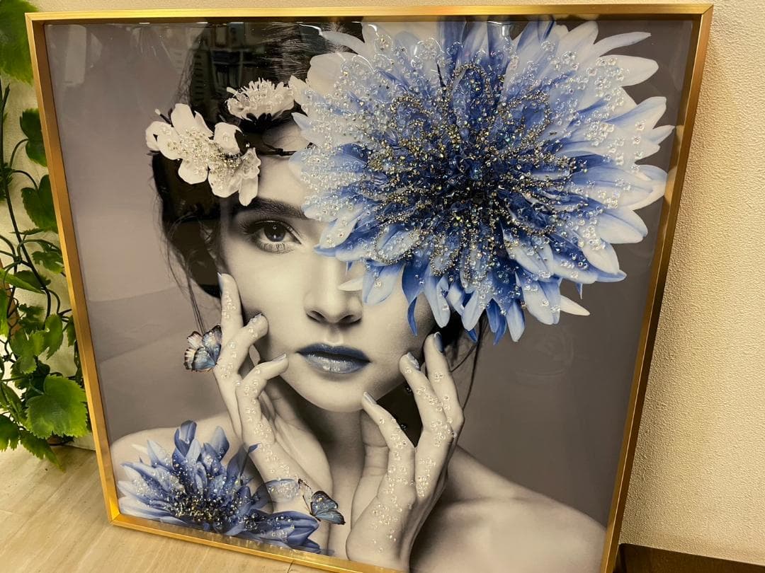 水晶絵　アートパネル　クリスタル　立体　絵画　アート　ブルー　フラワー　ゴールド