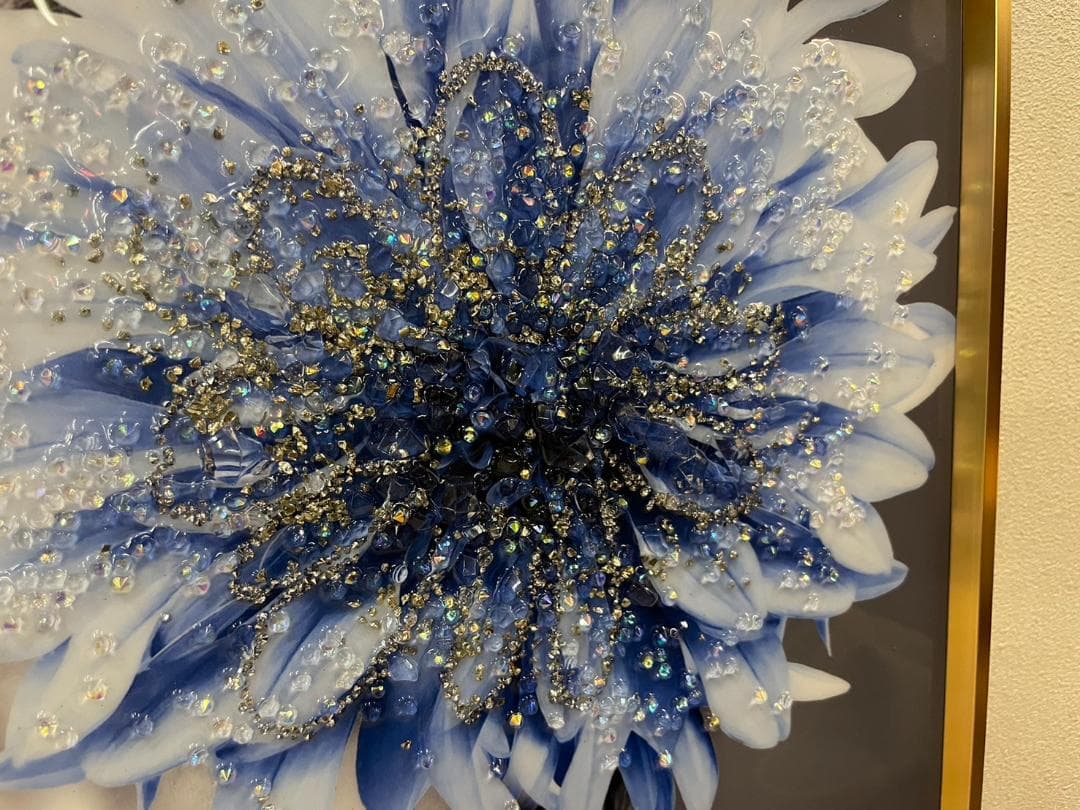 水晶絵　アートパネル　クリスタル　立体　絵画　アート　ブルー　フラワー　ゴールド