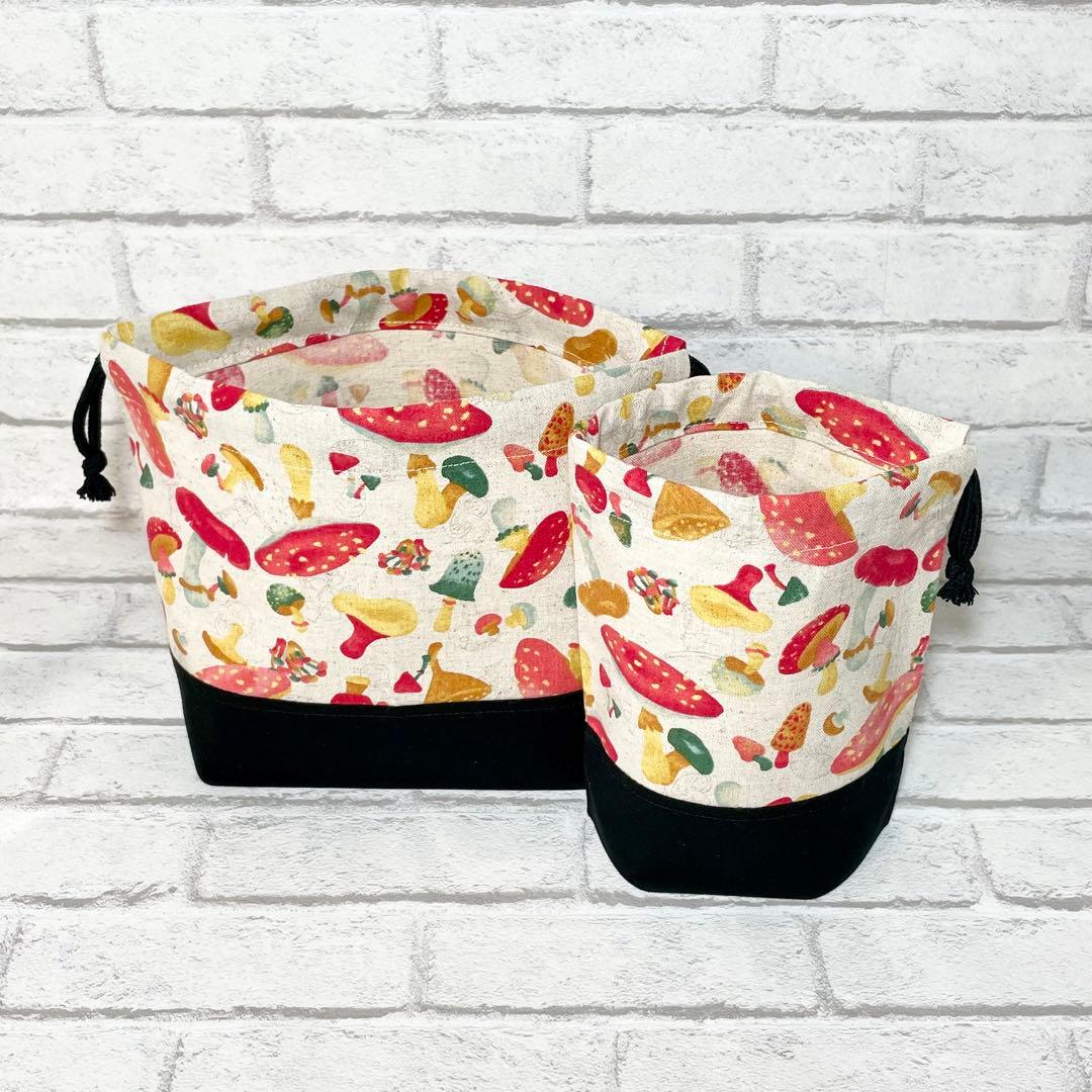 ＊きのこだらけ(生成り赤)×黒　入園入学グッズ5点セット/裏地キルティング