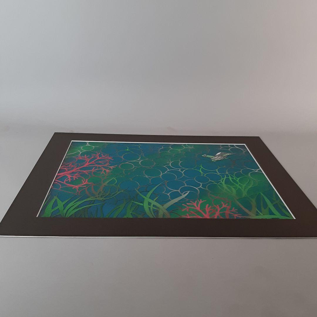 No4725額装　切り絵　海中風景　海亀　貼り絵　紙藝　古美術　アート　送料無料