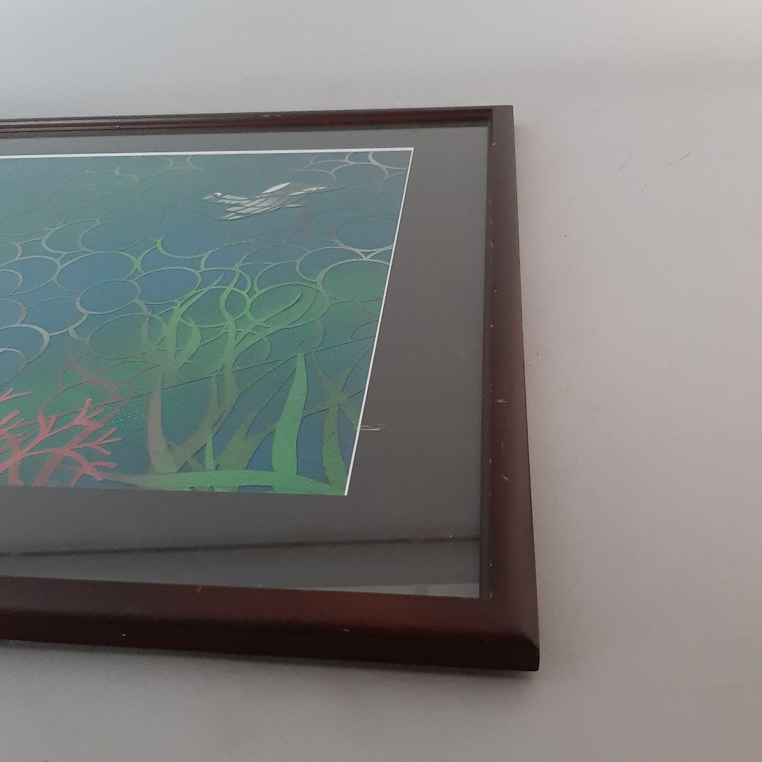 No4725額装　切り絵　海中風景　海亀　貼り絵　紙藝　古美術　アート　送料無料