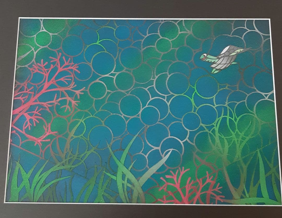 No4725額装　切り絵　海中風景　海亀　貼り絵　紙藝　古美術　アート　送料無料