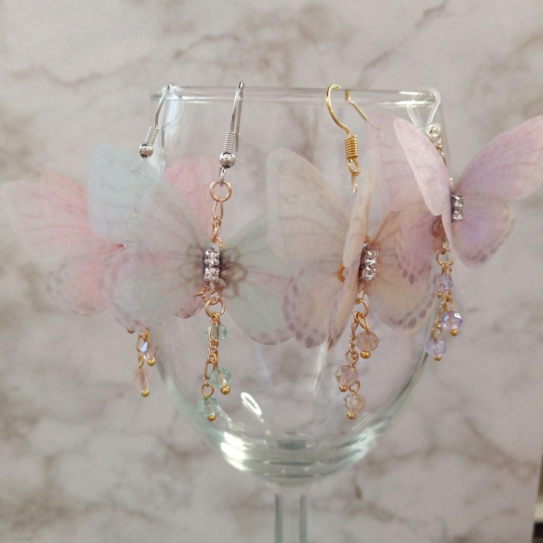 ♡ハンドメイド♡ピアスorイヤリング　シフォンバタフライ　グリーン