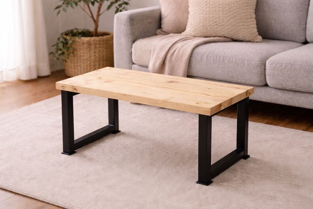 杉無垢材 ローテーブル アイアン脚 60cm ナチュラル 北欧 カフェ風　無塗装