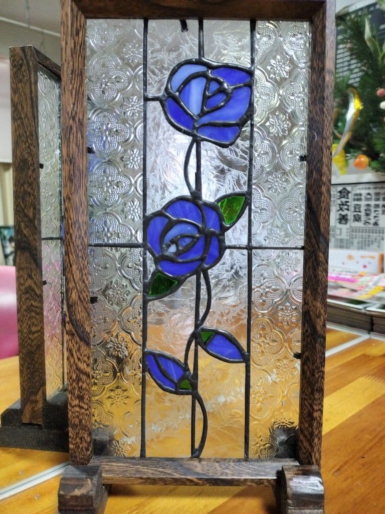 ステンドグラス◆レトロ風青い薔薇パネル⑦ハンドメイト品