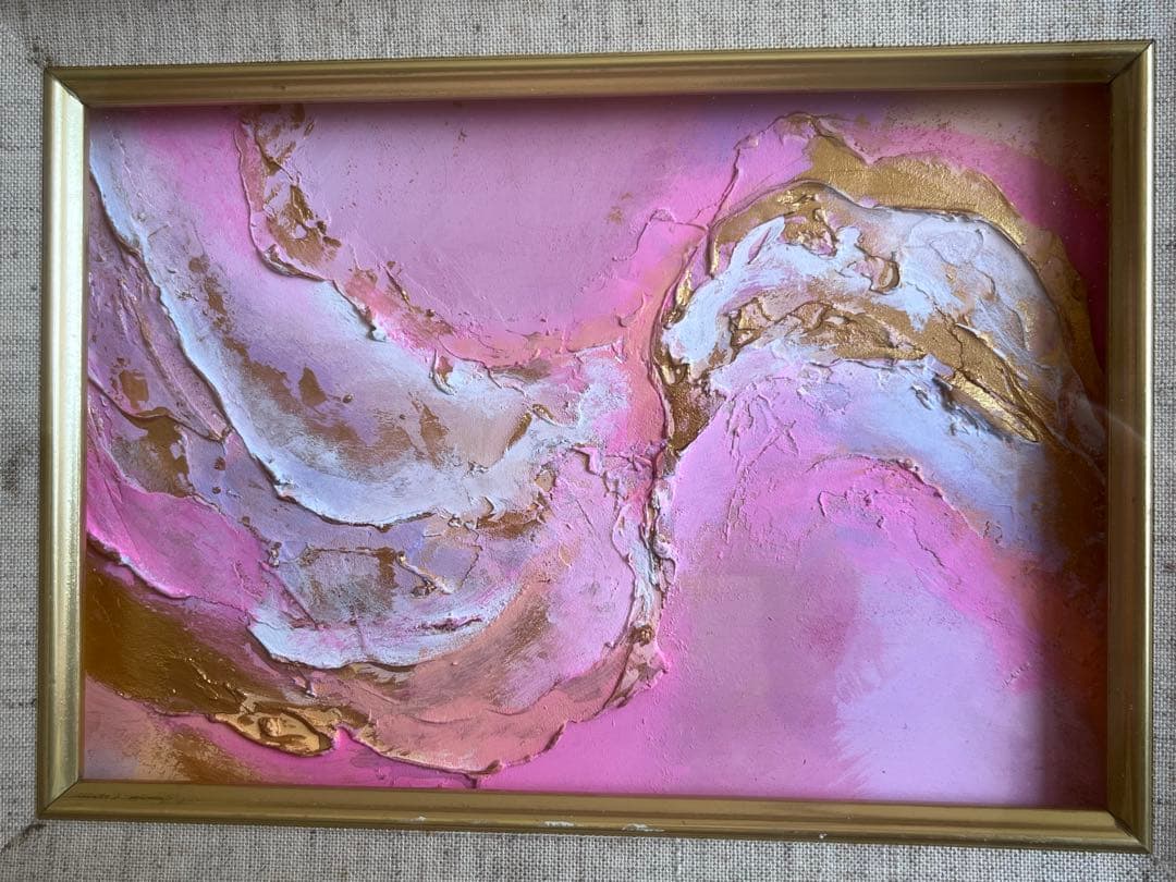 風水/運気上昇/燻銀の様な金色フレーム/ピンク•白•金/抽象画北寝室北玄関/豪華