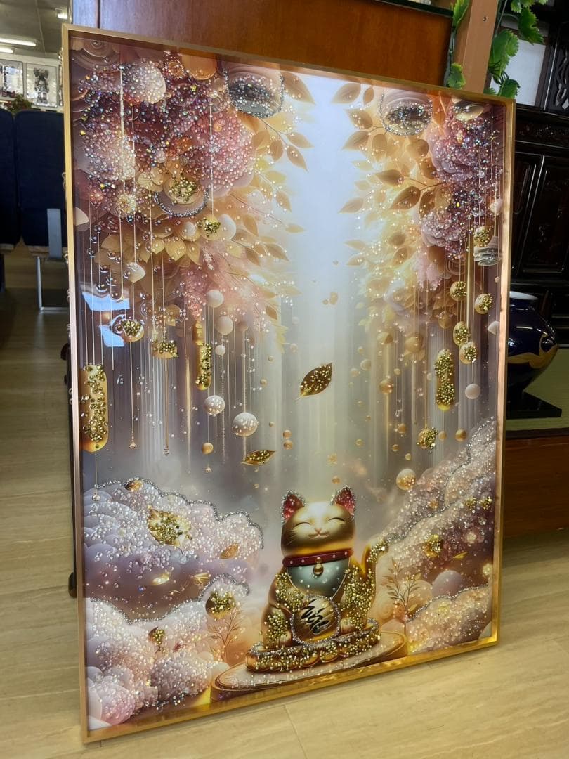 水晶絵　アートパネル　招き猫　金運　運気　運勢　縁起　クリスタル　絵画　アート