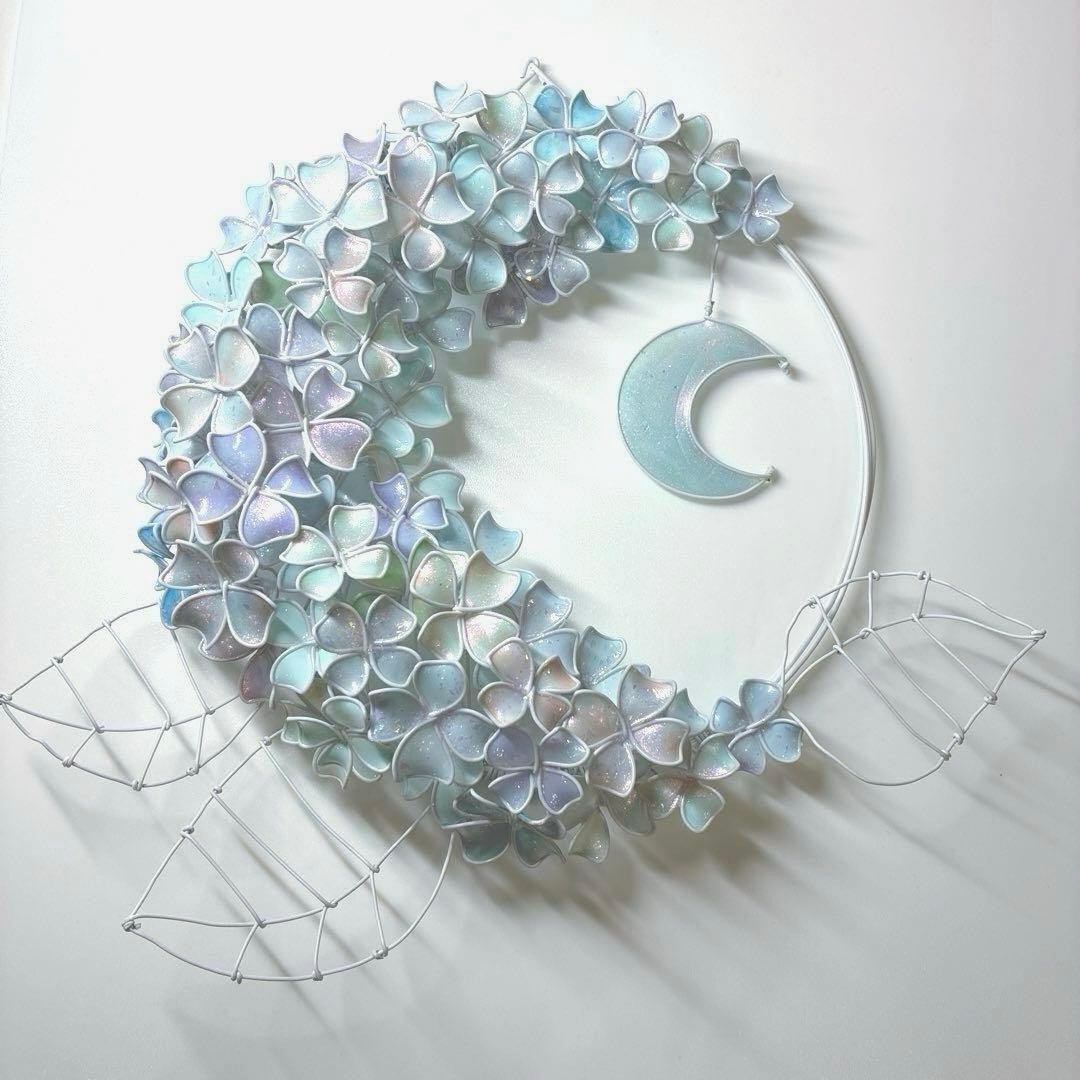 モーニングMoon 大きな紫陽花リース　ワイヤークラフト　ディップアート