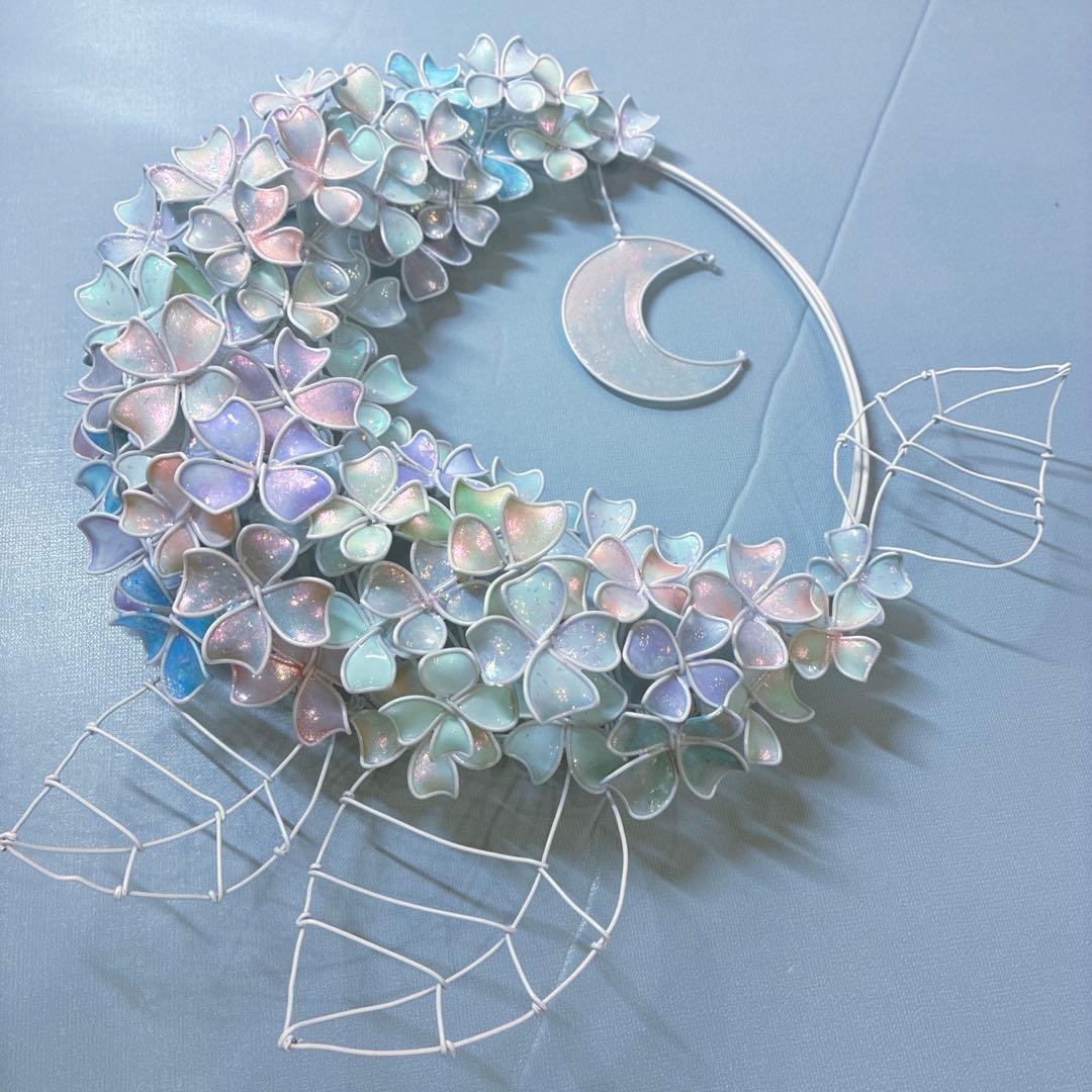 モーニングMoon 大きな紫陽花リース　ワイヤークラフト　ディップアート