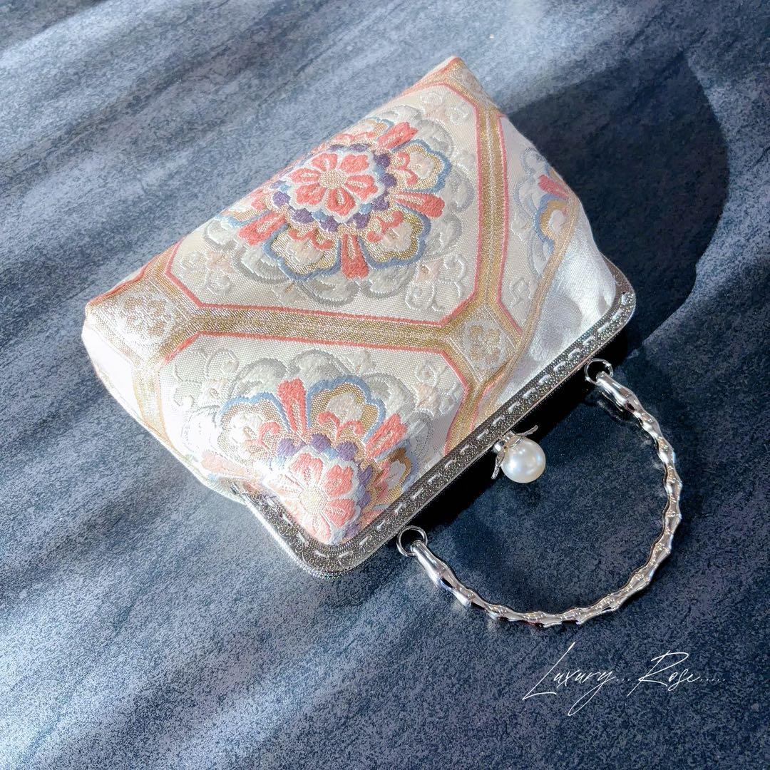 １月新作♡本真珠加工帯！格の高い濃密刺繍最高級西陣帯地！ホワイトピンク系帯バッグ