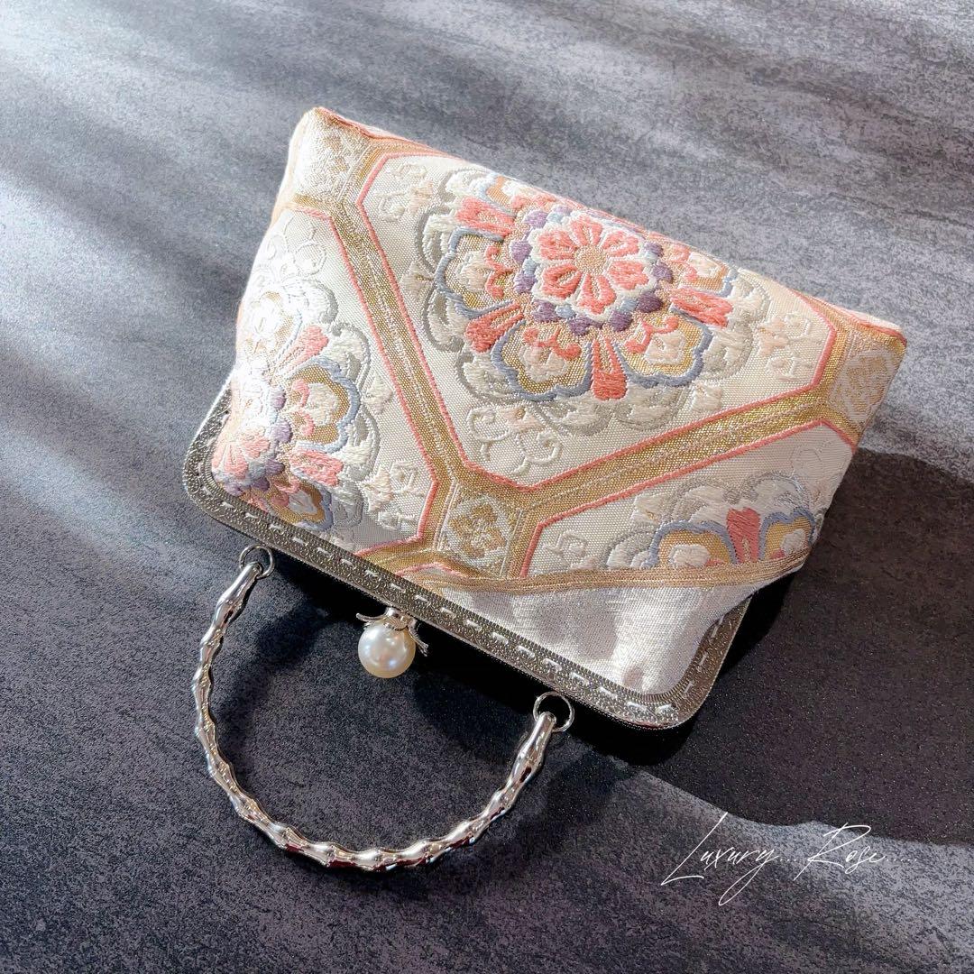 １月新作♡本真珠加工帯！格の高い濃密刺繍最高級西陣帯地！ホワイトピンク系帯バッグ