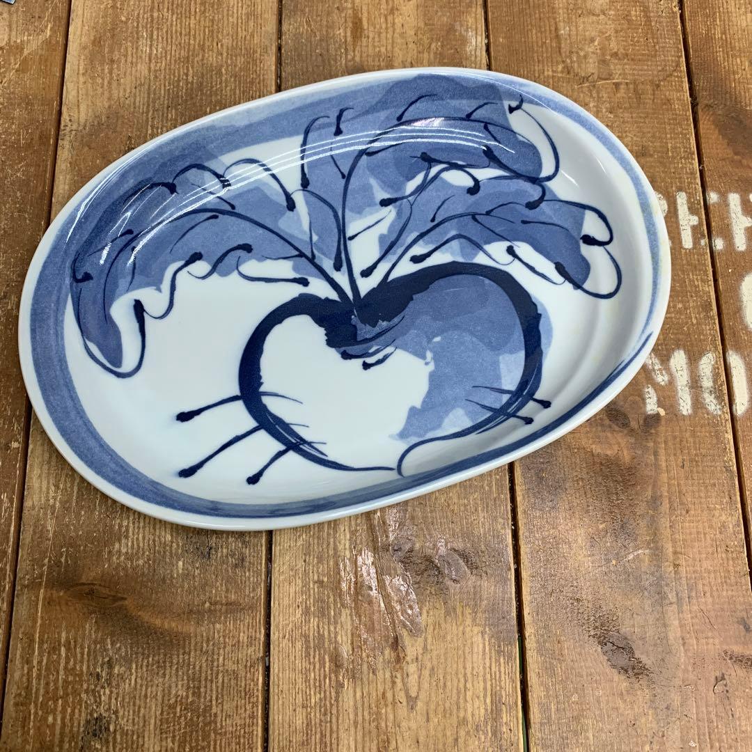 D-5 【使用】和食器 染付 野菜紋様 楕円皿 5枚セット 共箱付き 取り皿 楕