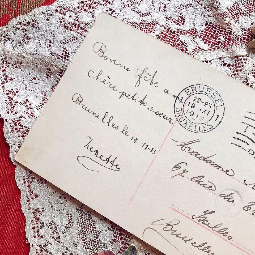 アンティークポストカード セピア色の薔薇と美少女♡フランス絵葉書 リアルフォト