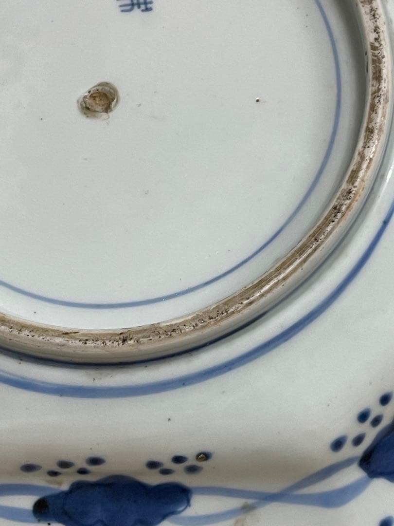 骨董伊万里　線描　染付　角皿　隅切　1客