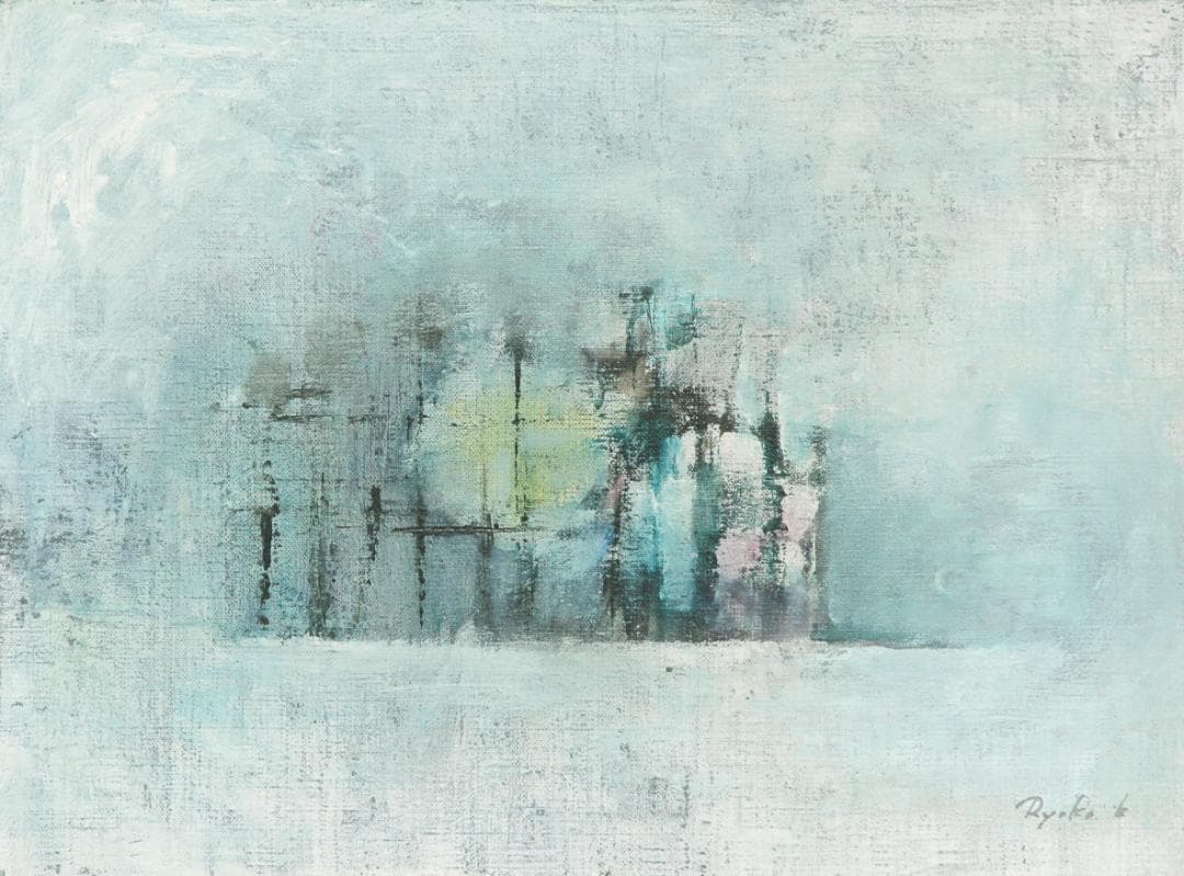 油絵 菅家令子絵 絵画インテリア額付(青緑＋金色の枠)F4-272023風景雪国