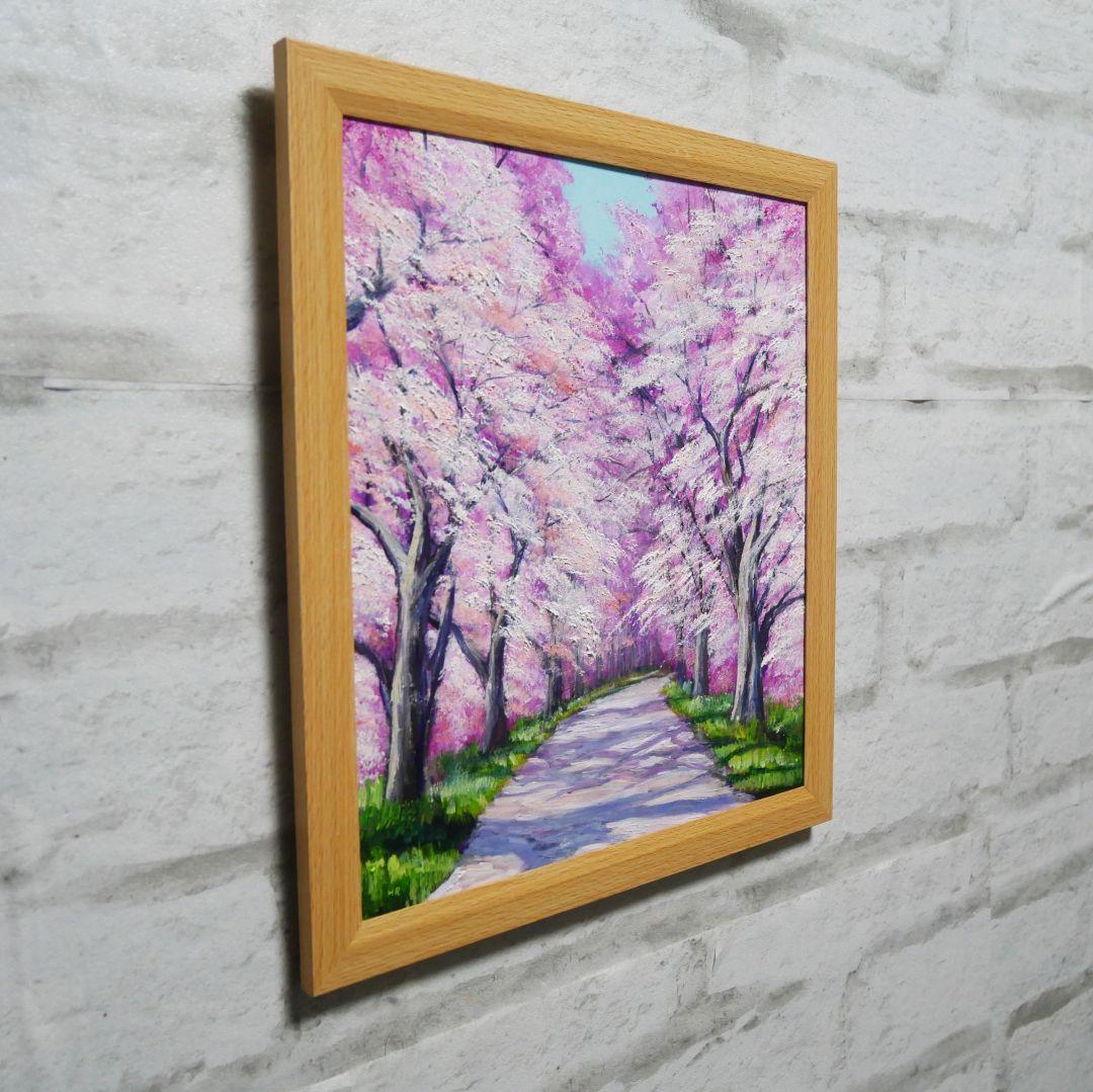 油絵 絵画【満開の桜のトンネル】原画 額縁付き 春の風景画 ギフトにも！