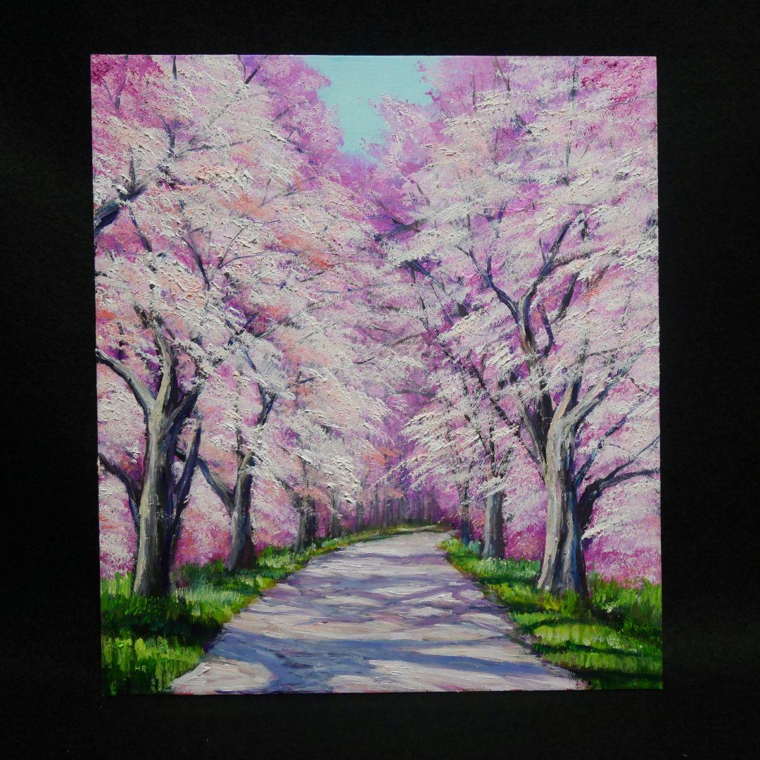 油絵 絵画【満開の桜のトンネル】原画 額縁付き 春の風景画 ギフトにも！
