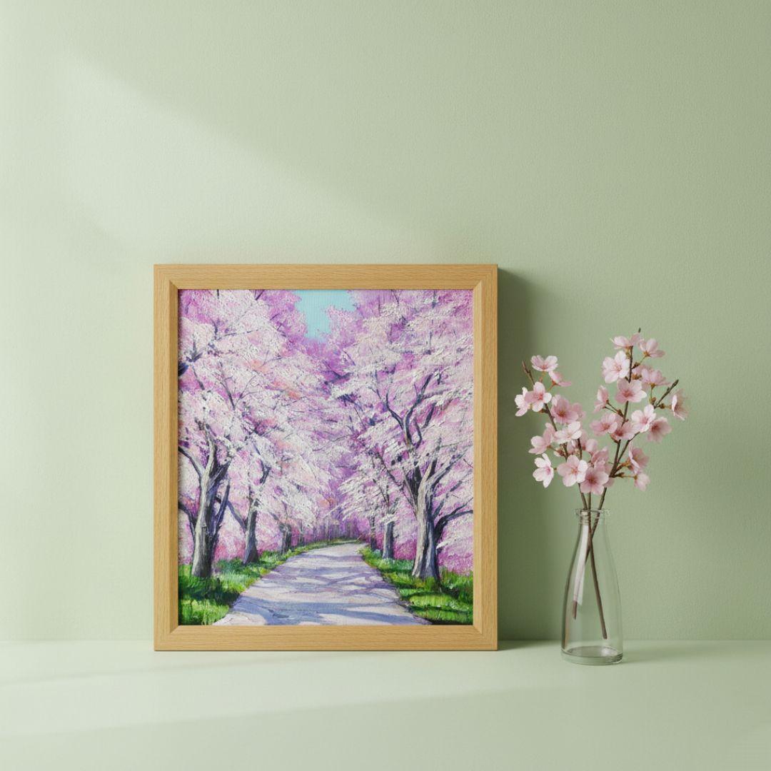 油絵 絵画【満開の桜のトンネル】原画 額縁付き 春の風景画 ギフトにも！