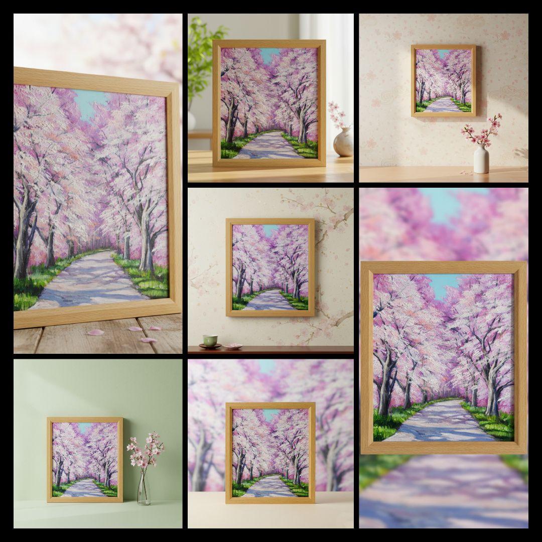 油絵 絵画【満開の桜のトンネル】原画 額縁付き 春の風景画 ギフトにも！