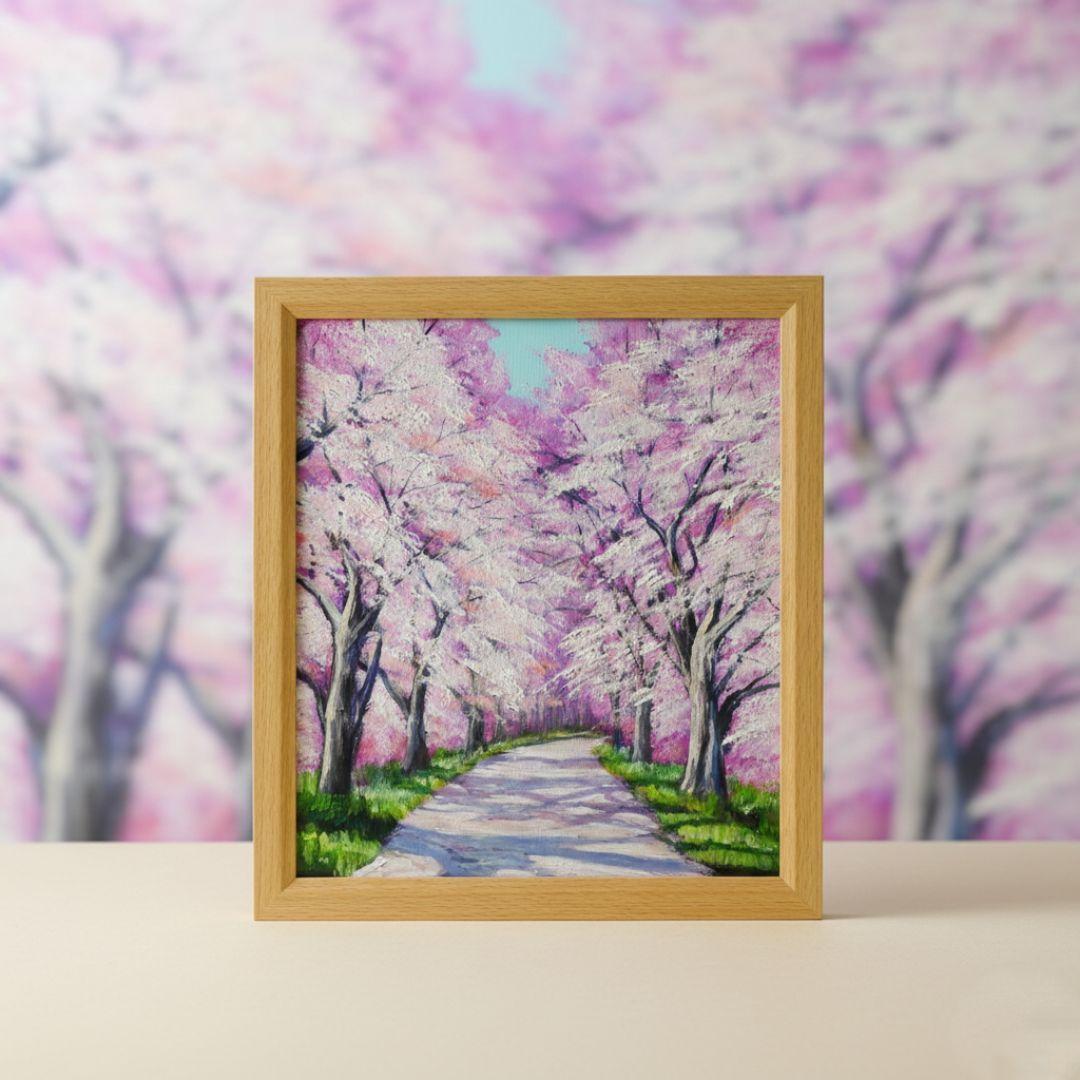 油絵 絵画【満開の桜のトンネル】原画 額縁付き 春の風景画 ギフトにも！