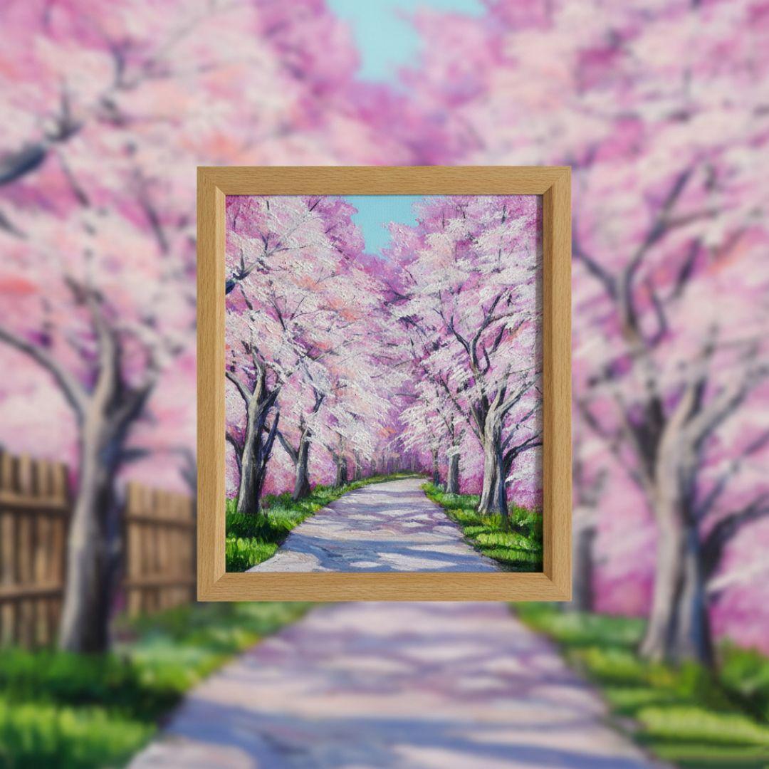 油絵 絵画【満開の桜のトンネル】原画 額縁付き 春の風景画 ギフトにも！