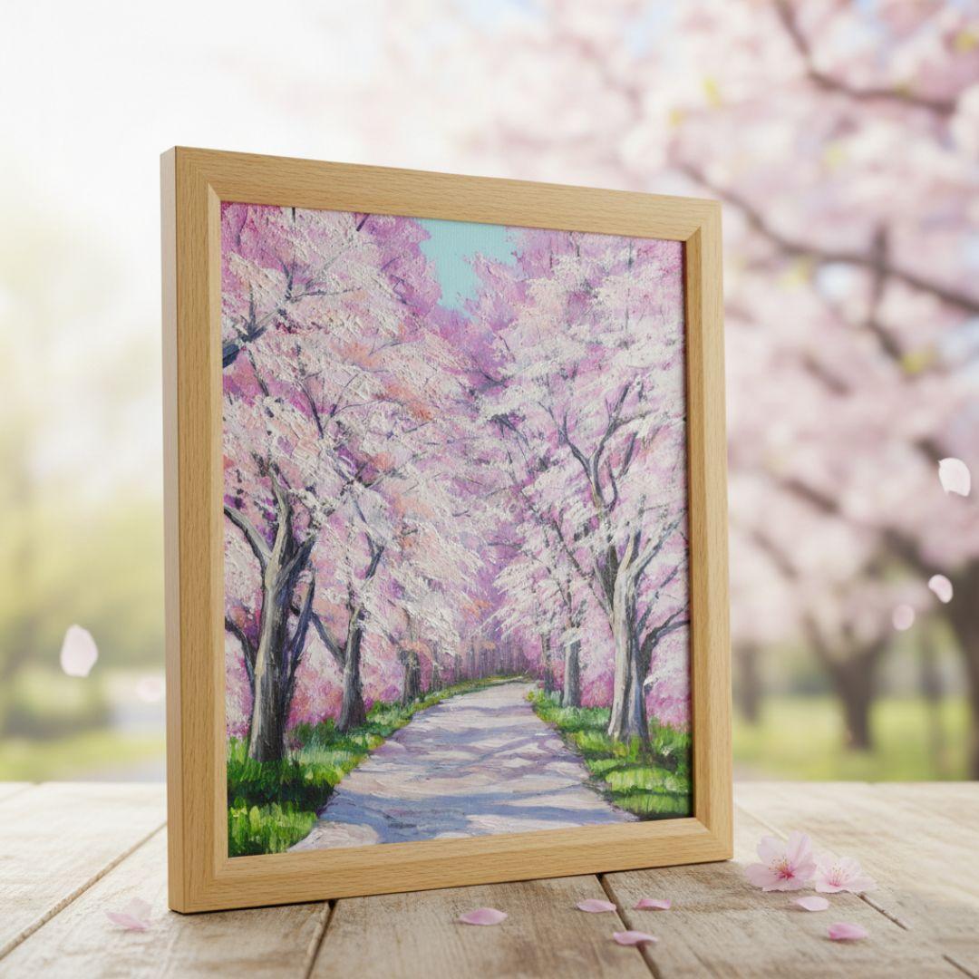 油絵 絵画【満開の桜のトンネル】原画 額縁付き 春の風景画 ギフトにも！