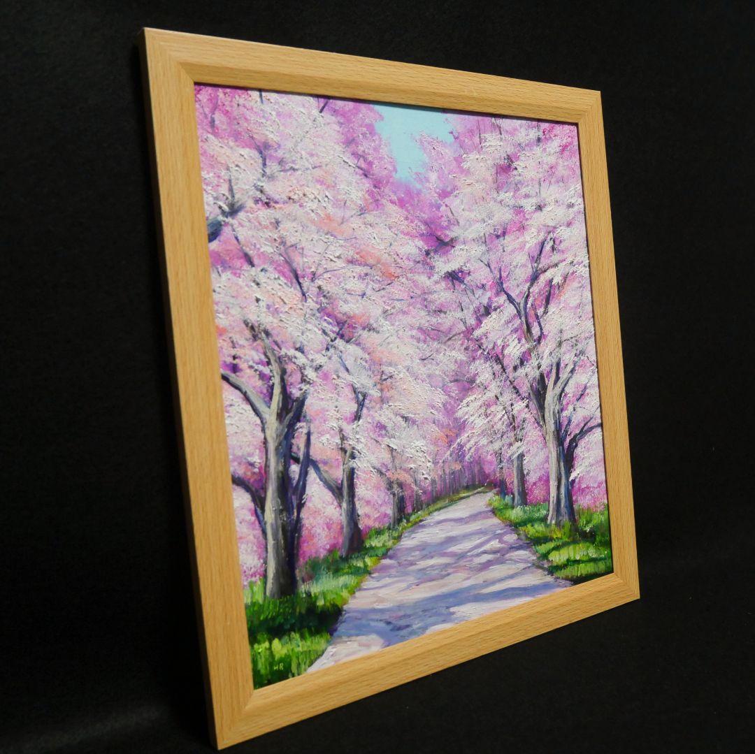 油絵 絵画【満開の桜のトンネル】原画 額縁付き 春の風景画 ギフトにも！