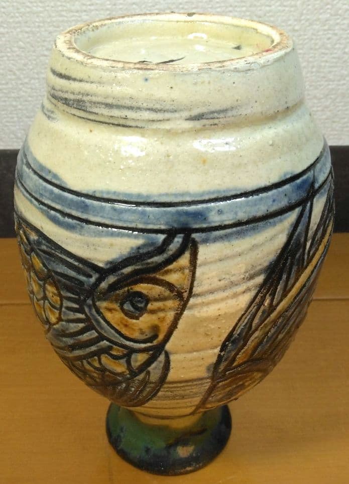 人間国宝 金城次郎 壷屋焼 魚紋花瓶 栞 共箱 壺屋焼 やちむん