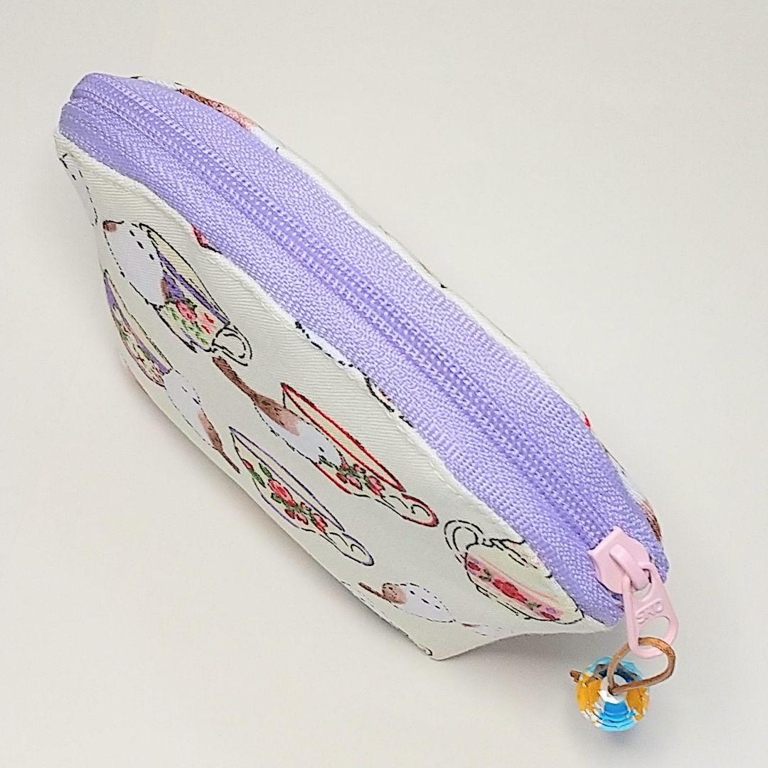 作品例★ハンドメイド ポーチ シマエナガ カップ 白 鳥 革紐 ガラスビーズ