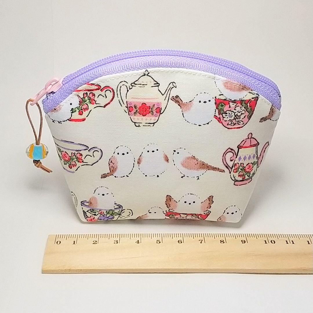 作品例★ハンドメイド ポーチ シマエナガ カップ 白 鳥 革紐 ガラスビーズ