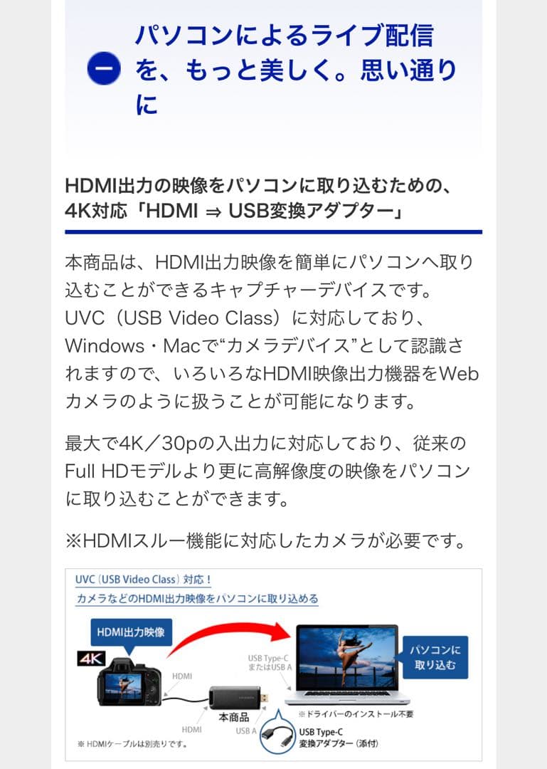 4K対応 UVC対応 HDMI⇒USB変換アダプター