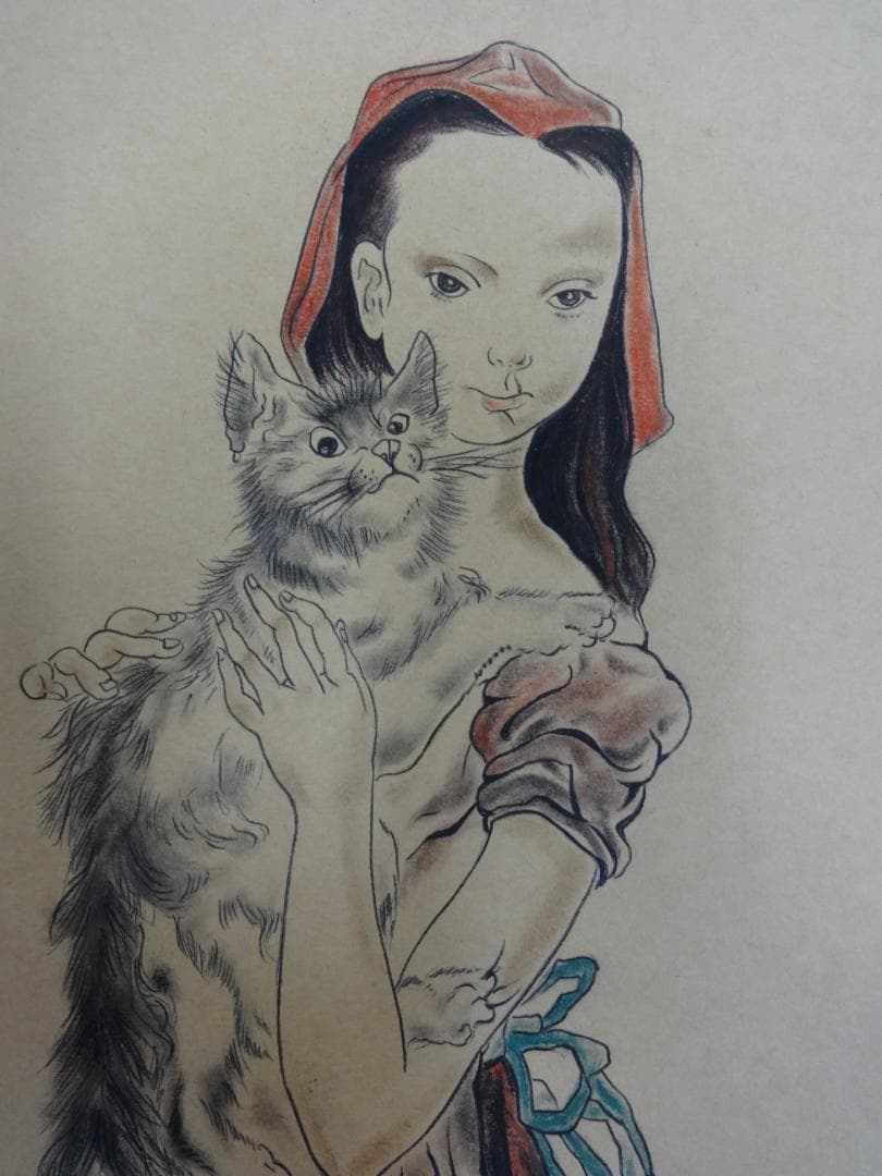 藤田嗣治 猫と少女 1952年頃　肉筆水彩画　紙本著色・洋画・レオナールフジタ