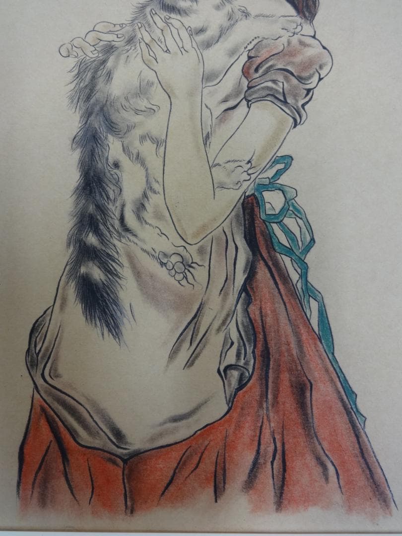 藤田嗣治 猫と少女 1952年頃　肉筆水彩画　紙本著色・洋画・レオナールフジタ