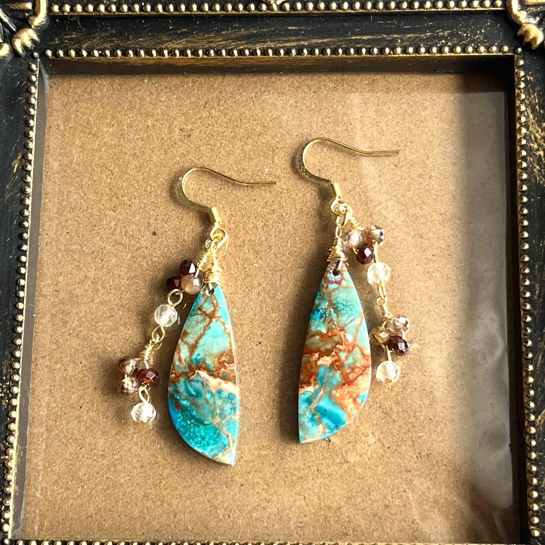 【一点物】ターコイズセディメン ピアス 高級感 揺れるデザイン 天然石