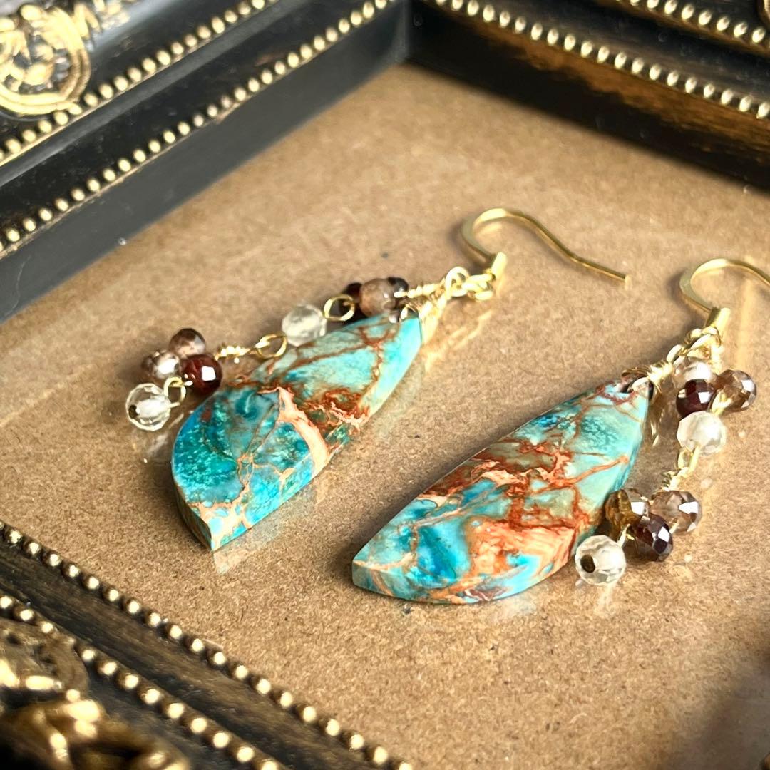 【一点物】ターコイズセディメン ピアス 高級感 揺れるデザイン 天然石