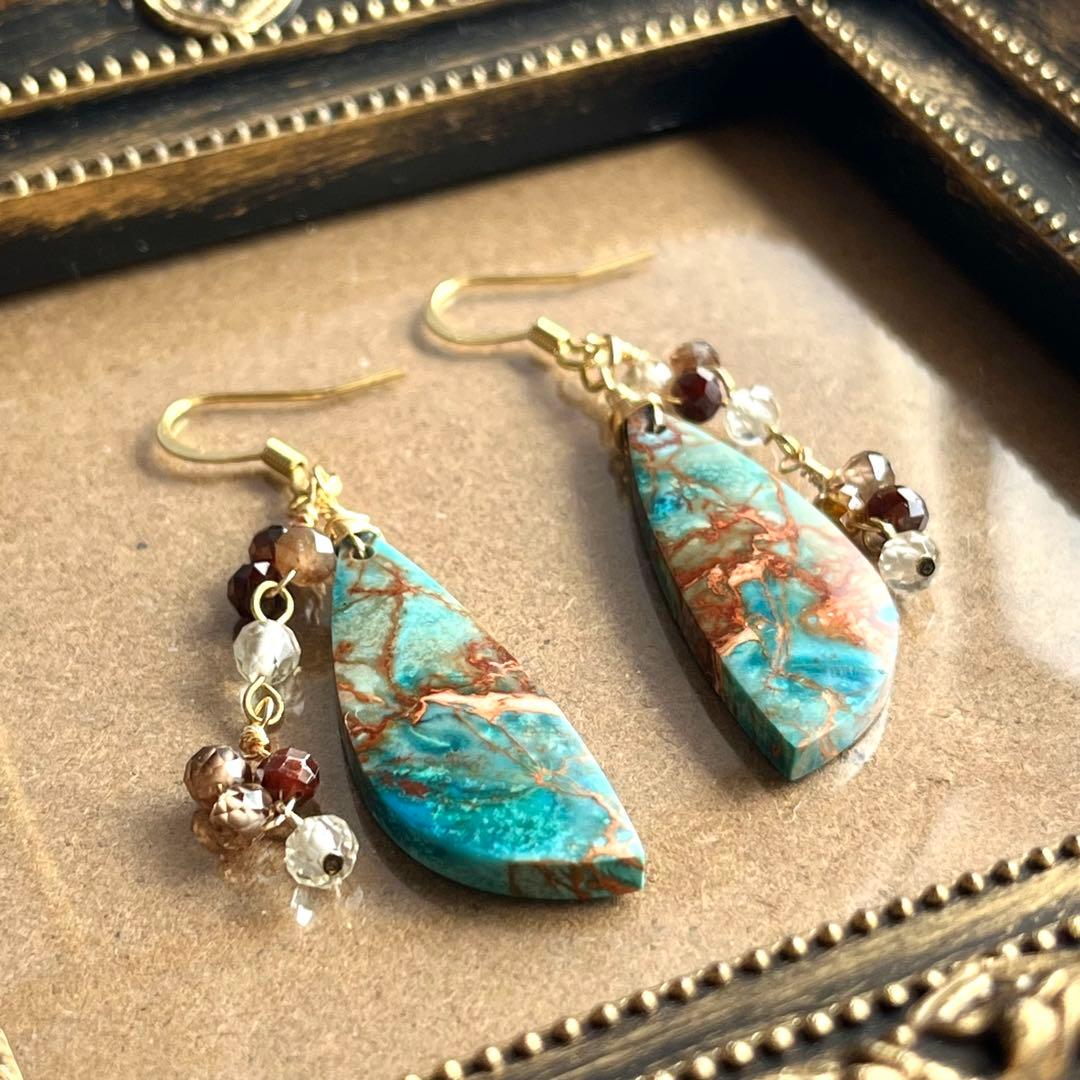 【一点物】ターコイズセディメン ピアス 高級感 揺れるデザイン 天然石