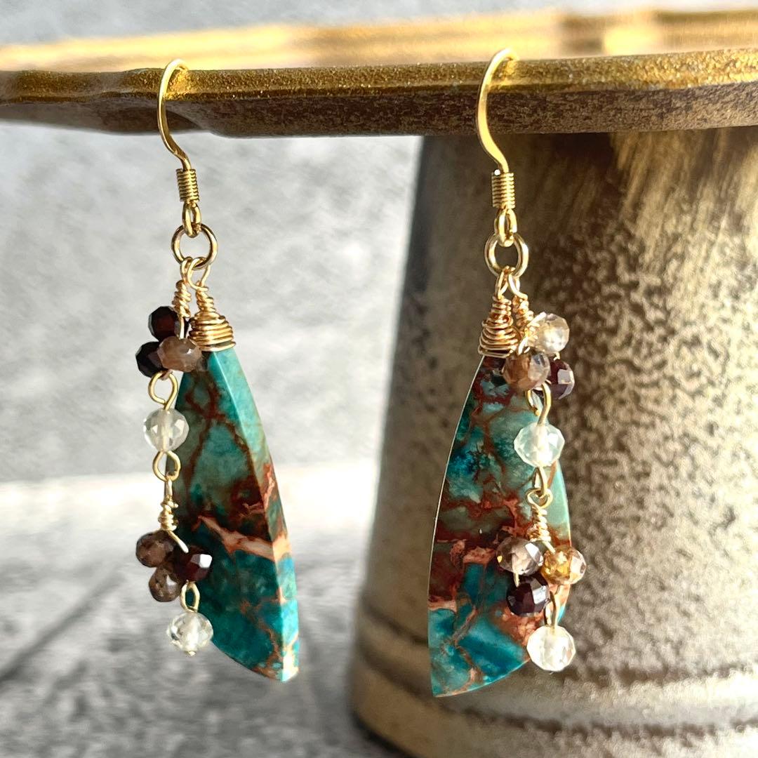 【一点物】ターコイズセディメン ピアス 高級感 揺れるデザイン 天然石