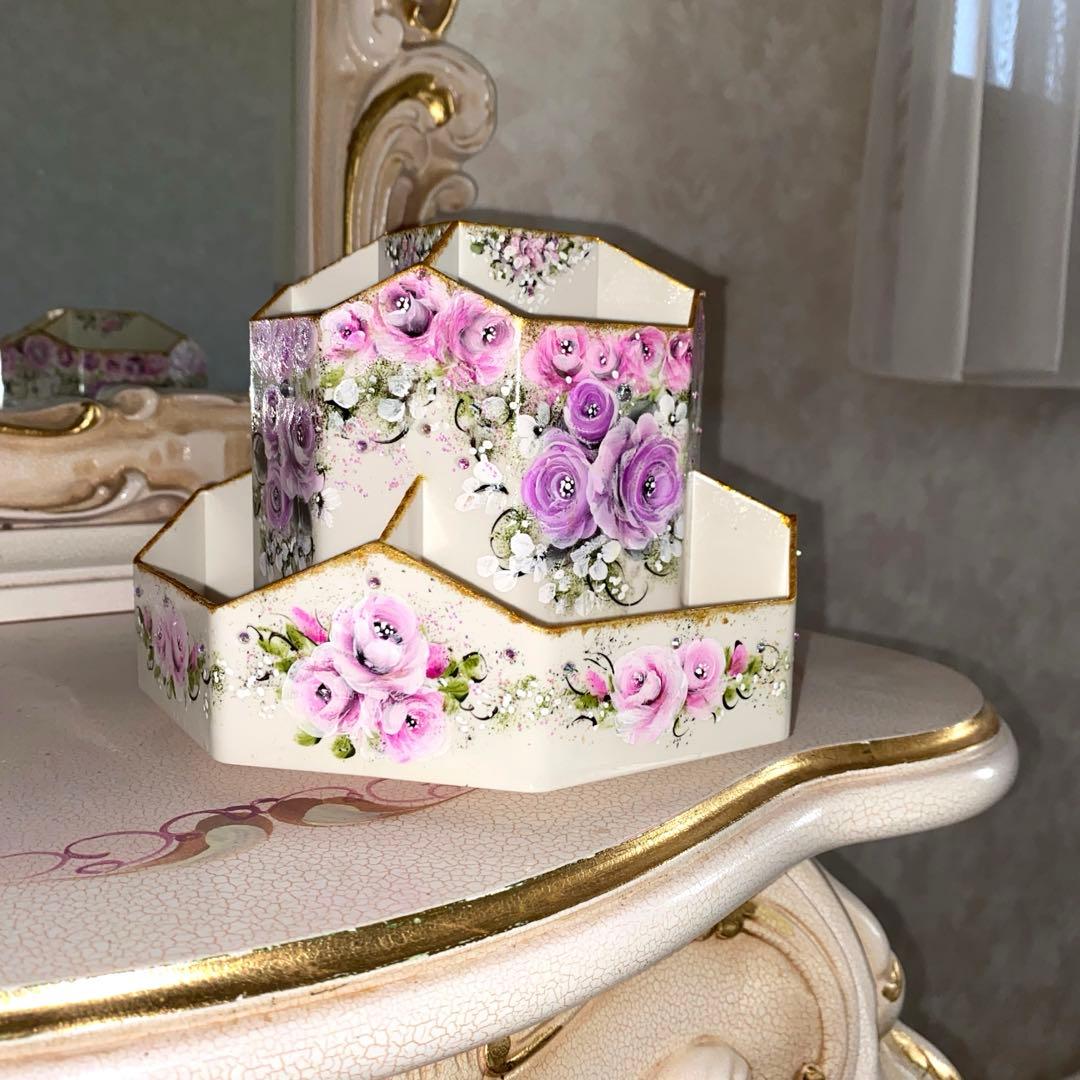 ペン立て　箱ティッシュボックス　薔薇　手描き　トールペイント