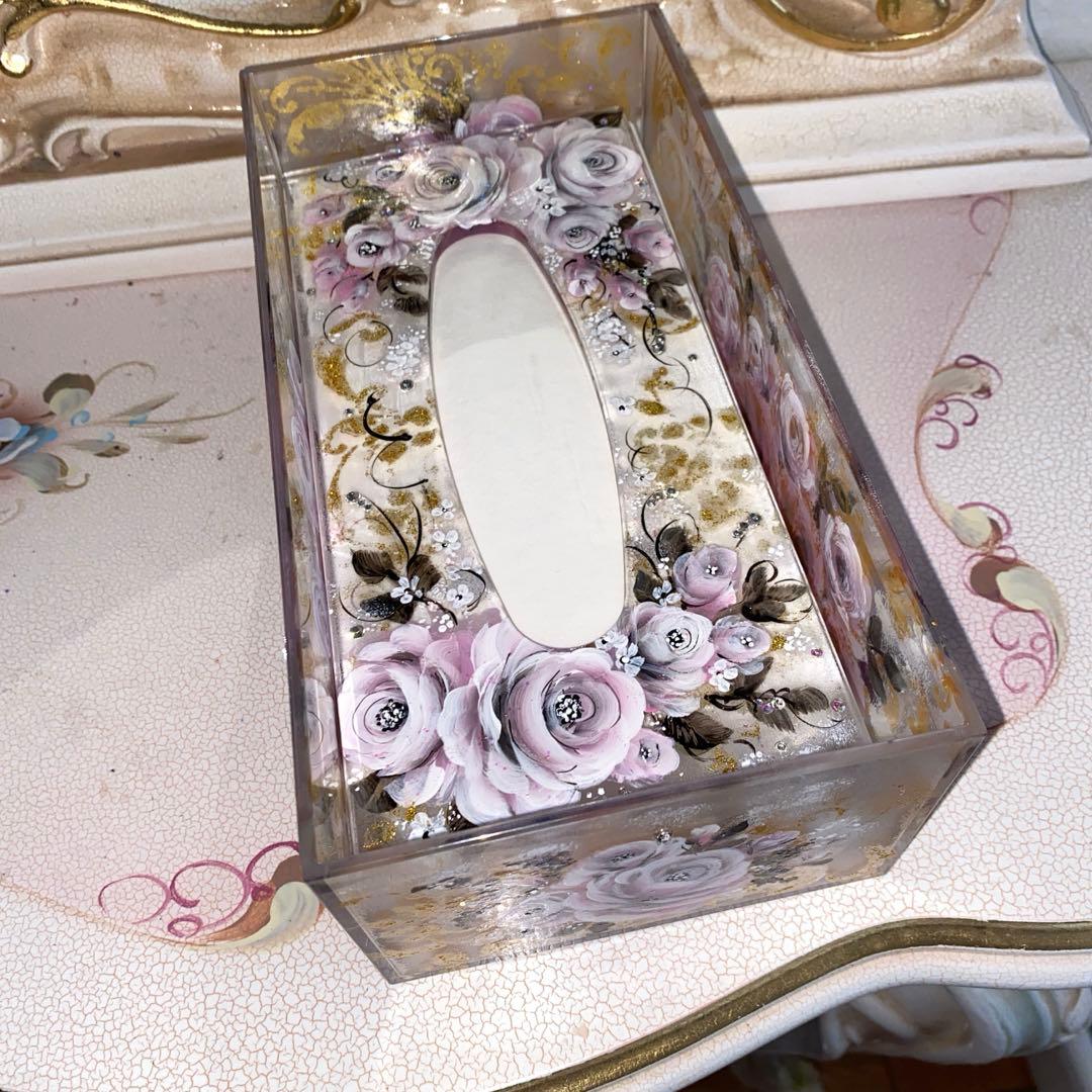 ペン立て　箱ティッシュボックス　薔薇　手描き　トールペイント