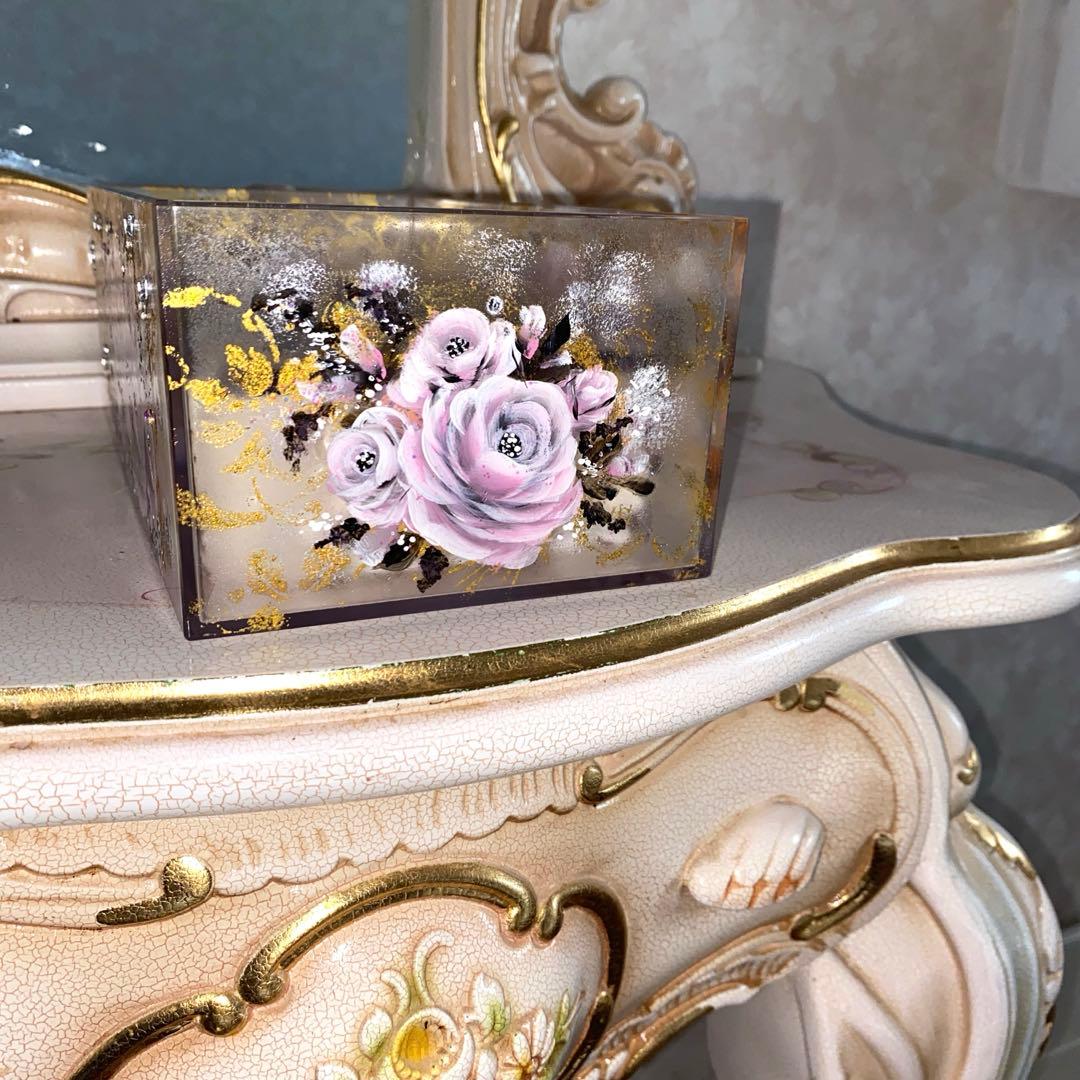 ペン立て　箱ティッシュボックス　薔薇　手描き　トールペイント