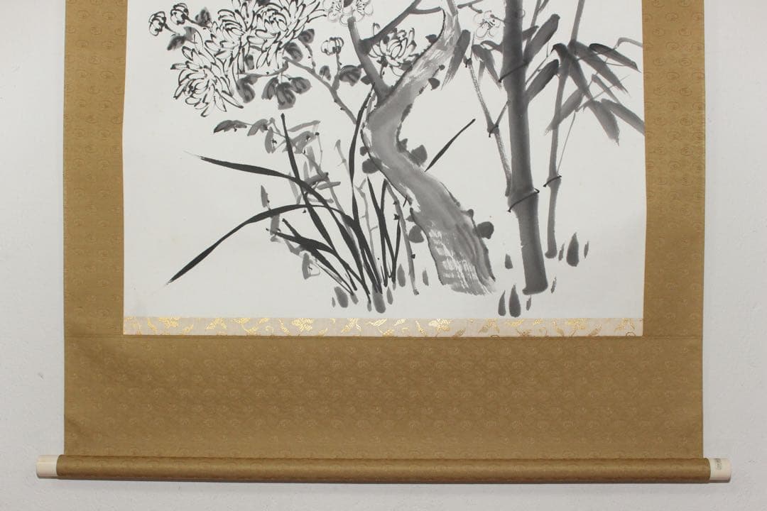 No5731掛軸　作者不詳　在銘　〈對青山人　持田勉　款〉　四君子画賛　送料無料