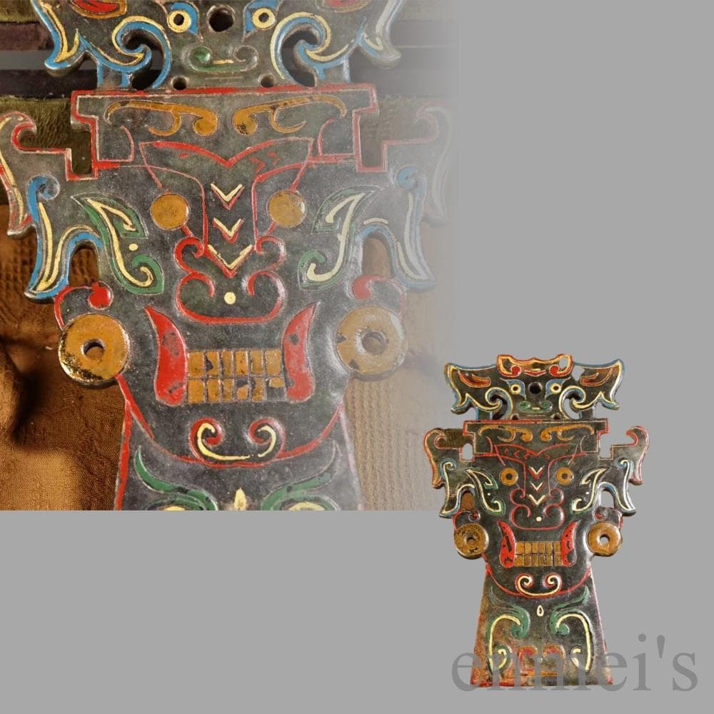 中国古美術 旧蔵『和田玉 玉璧玉牌』共箱 高浮彫 彩絵描金 玉器 唐物 文房置物