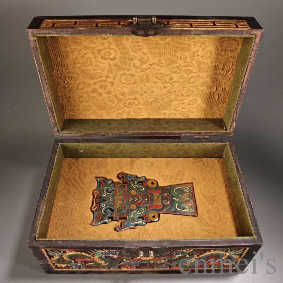中国古美術 旧蔵『和田玉 玉璧玉牌』共箱 高浮彫 彩絵描金 玉器 唐物 文房置物