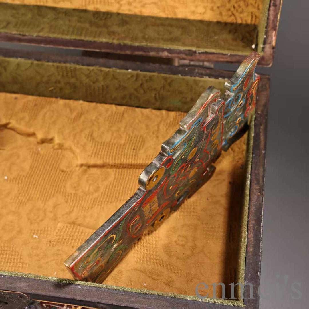 中国古美術 旧蔵『和田玉 玉璧玉牌』共箱 高浮彫 彩絵描金 玉器 唐物 文房置物