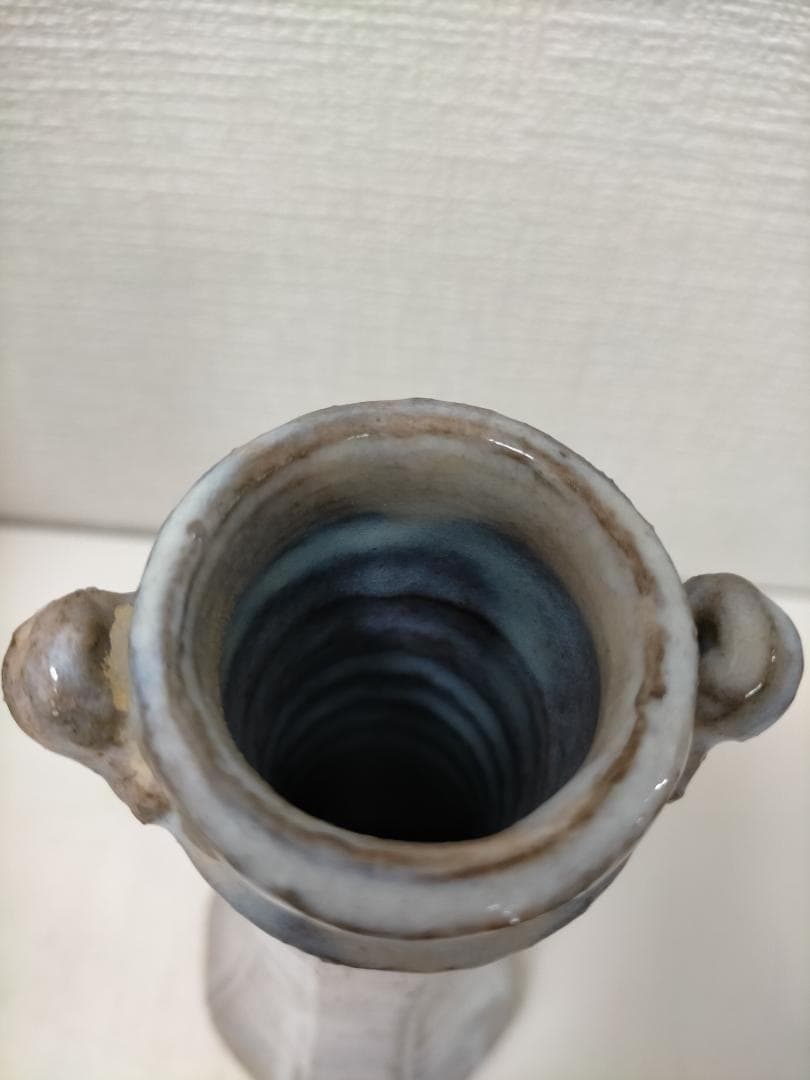 萩焼 作家物 花器　大和敏男　 花入 粉引　青灰色　共箱付き　251217-3Y