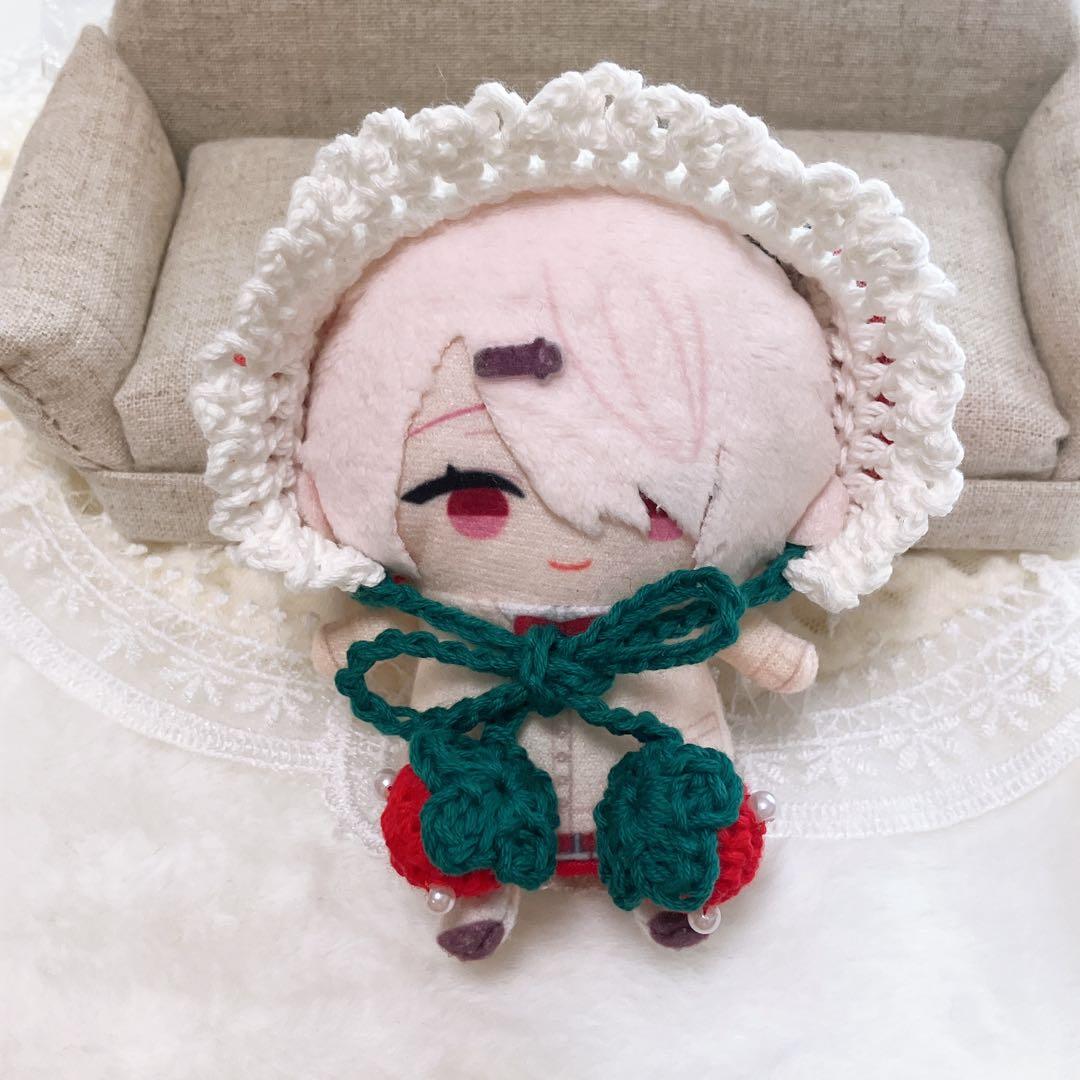 10㎝ ちびぐるみ　にじぱぺ　ぬい服　いちごモチーフ　ボンネット　白赤20