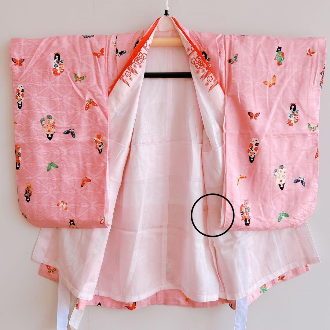 七五三　3歳女の子　長着被布セット　ピンク　巾着　地紋　鶴　金プリント　蝶
