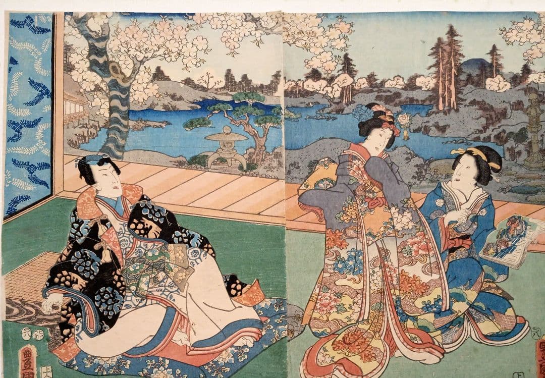 浮世絵版画、江戸紫姿くらべ（十二)三枚綴り三代歌川豊国画、安政4年出版