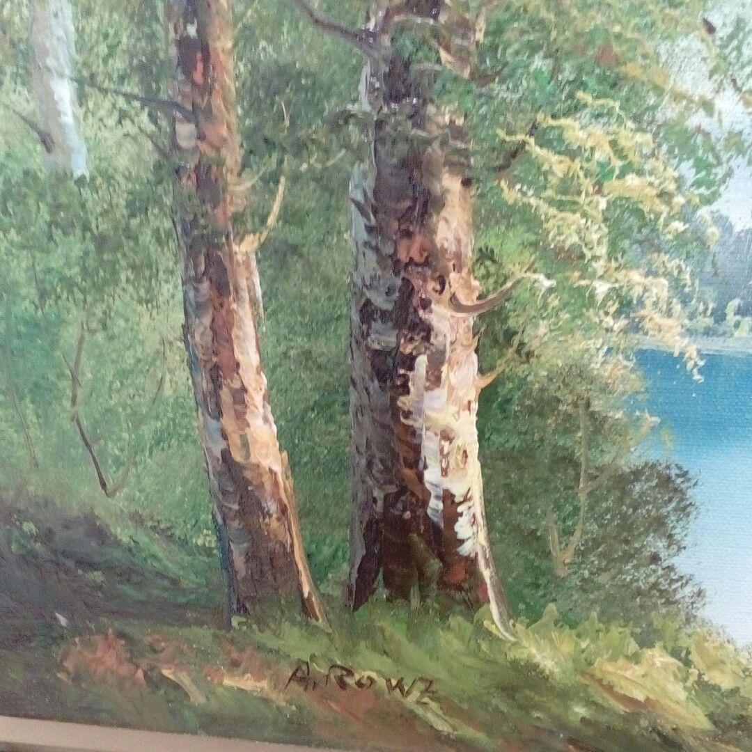 油絵額装湖畔と森林山景色図柄作者不詳昭和レトロ５４✕４５✕５サイズ品